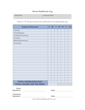 Printable Home Healthcare Log Home Health Care Home Health Aide Home Health