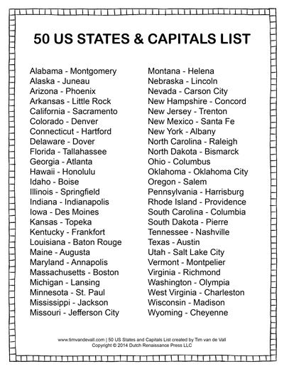 Free States And Capitals List States And Capitals Social Studies Worksheets United States Capitals