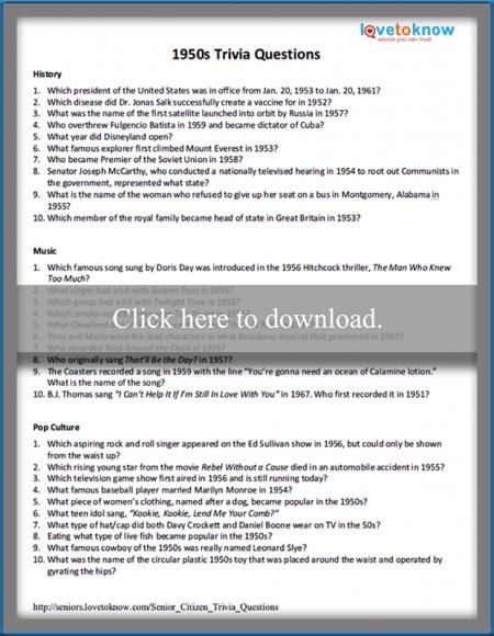 50s Trivia Printable Questions And Answers Lovetoknow Trivia Questions And Answers Trivia Questions This Or That Questions
