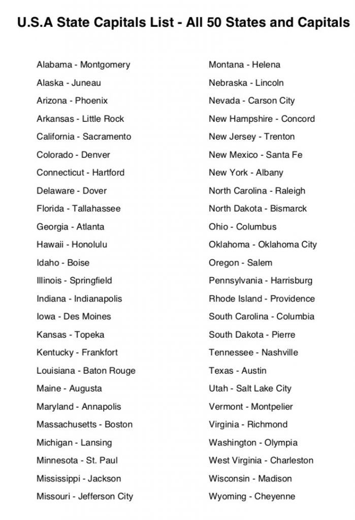 State Capitals List U S A Printable 50 States And Capitals List Quizified States And Capitals State Capitals Quiz State Capitals List