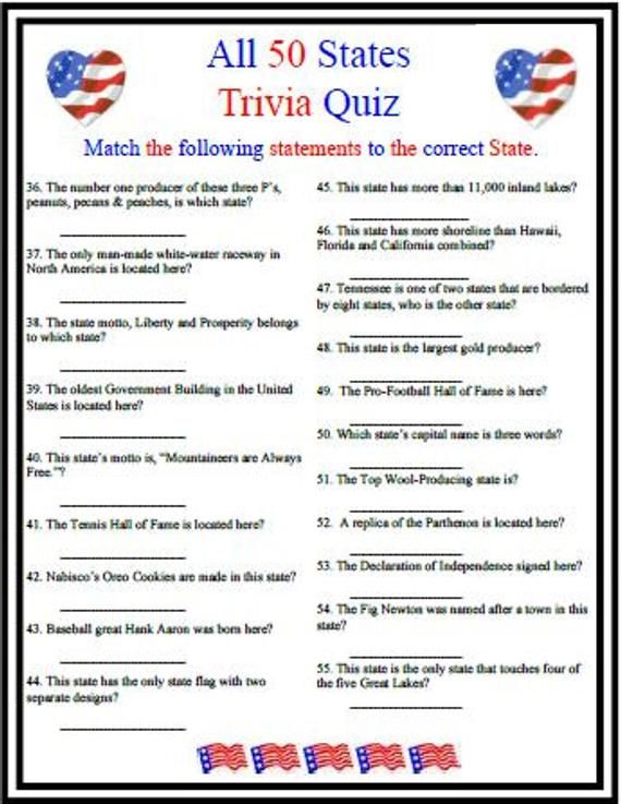 All 50 States Trivia Etsy Fourth Of July Crafts For Kids 4th Of July Games Trivia For Seniors