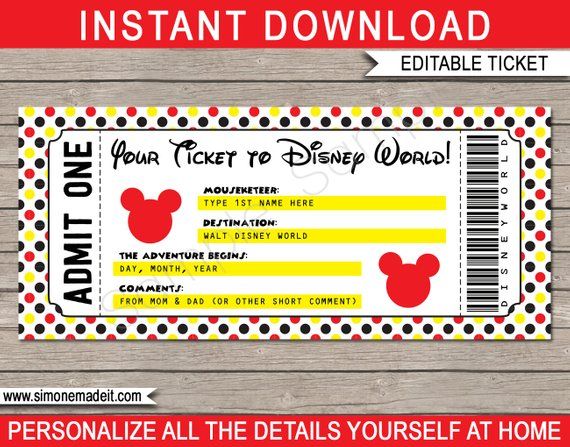 Printable Ticket To Disney World Surprise Trip Birthday Gift Walt Disney World Disneyworld Instant Download With Editable Text Printable Tickets Disney World Tickets Disneyland Tickets