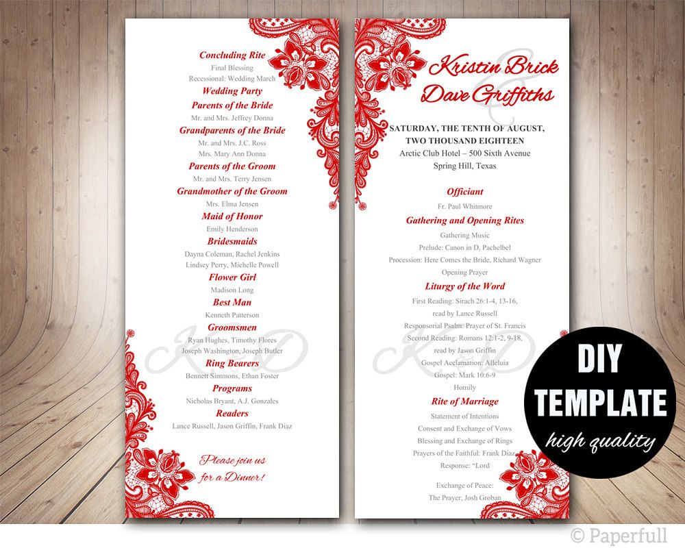 Red Wedding Program Template Instant Download Microsoft Word Red Lace Printable Wedding Program Template Printable Wedding Programs Wedding Programs Template