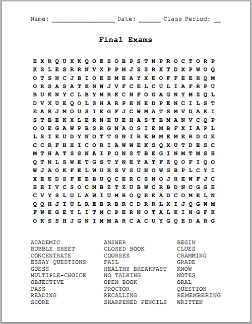 Final Exams Word Search Puzzle Free To Print Pdf File For Grades 7 12 Free Printable Word Searches Word Search Printables Word Search Puzzles Printables