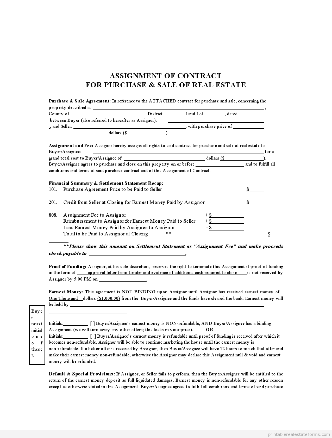 Free Assignment Of Contract Form Printable Real Estate Forms Real Estate Forms Real Estate Contract Wholesale Real Estate