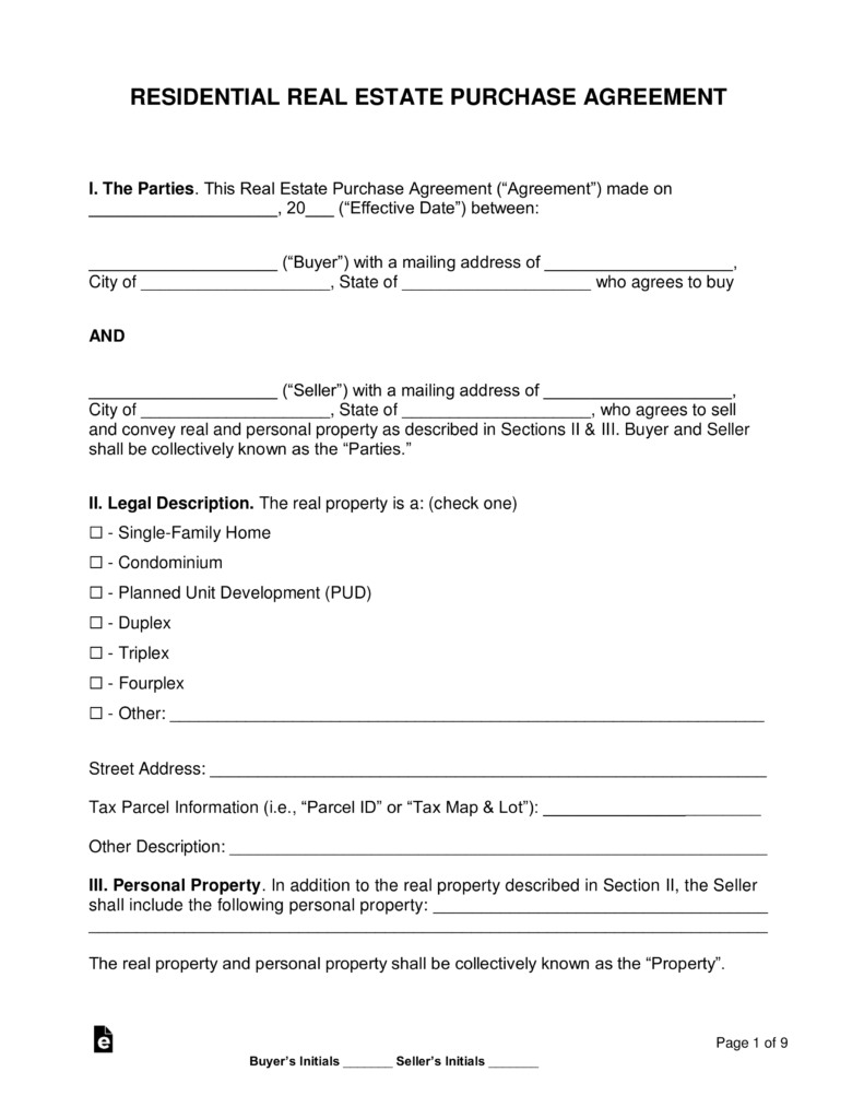 Free Purchase Agreements Word Pdf Eforms Free Fillable Forms Real Estate Contract Purchase Agreement Residential Real Estate