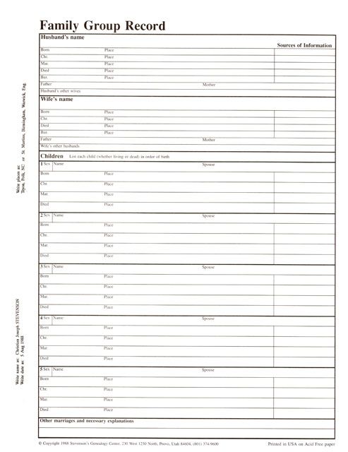 Family Group Sheet Back Free Stevenson Genealogy Copy Center L L C Family Tree Template Family Tree Genealogy Family Tree