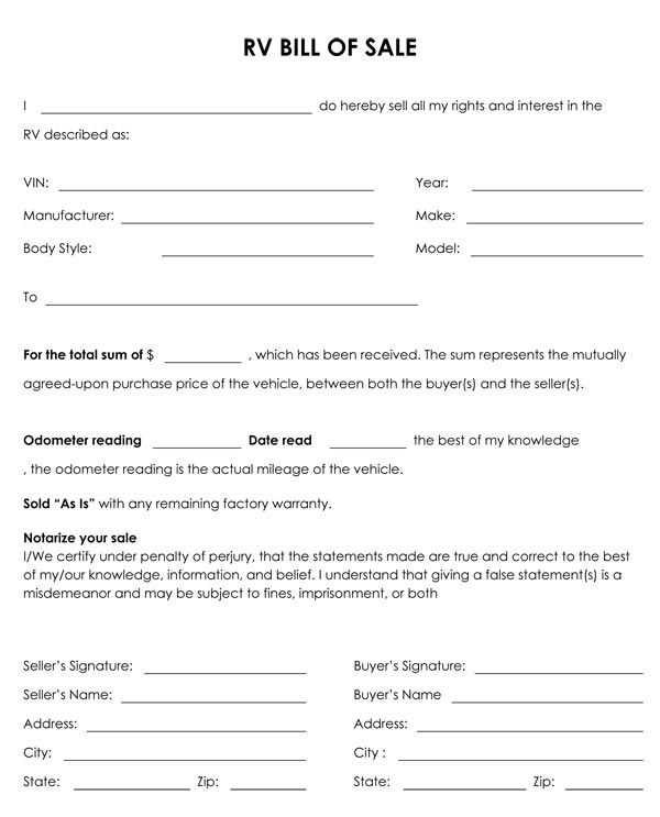 Free Printable Printable Bill Of Sale For Travel Trailer Form Generic Sample Printable Legal Forms Bill Of Sale Template Bill Template Free Basic Templates