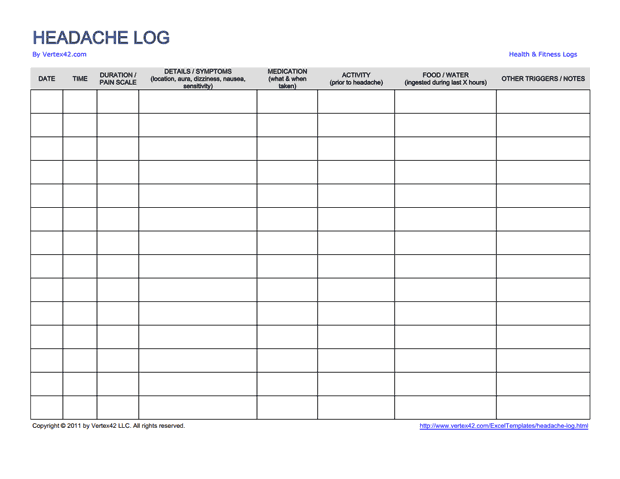 Printable Headache Log Headache Headache Diary Migraine Diary