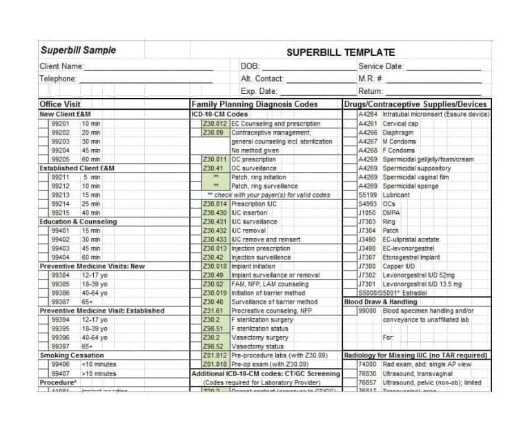 Superbill Template 02 Family Practice Family Planning Physical Therapy