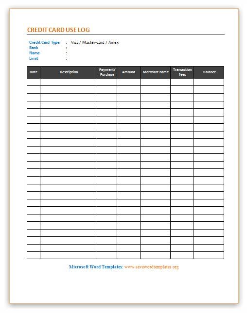 Credit Card Use Log Template Save Word Templates Business Card Template Word Word Template Templates Printable Free