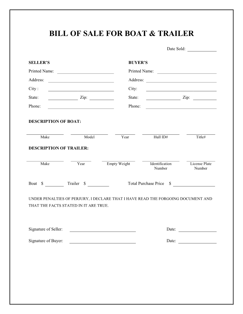 Free Boat Trailer Bill Of Sale Form Download Pdf Word Bill Of Sale Template Word Template Template Printable