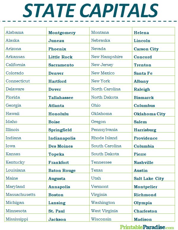Printable List Of Us State Capitals States And Capitals Learning States History Education