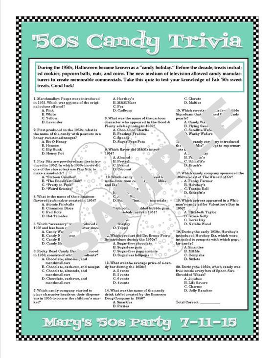 1950s Candy Trivia Printable Game 1950s Trivia Candy Etsy In 2021 Candy Trivia Candy Themed Party 50s Theme Party
