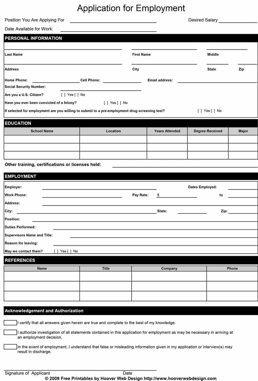 50 Free Employment Job Application Form Templates Printable For Application For E Employment Application Printable Job Applications Job Application Template