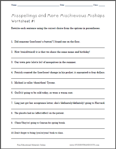 Misspellings And More Mischievous Mishaps Worksheet 1 Free Printable Grammar Worksheet For Reading Skills Worksheets Grammar Worksheets Classroom Language