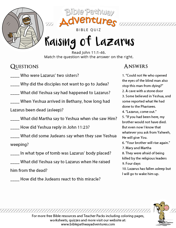 Raising Of Lazarus Bible Quiz Bible Activities For Kids Sunday School Activities
