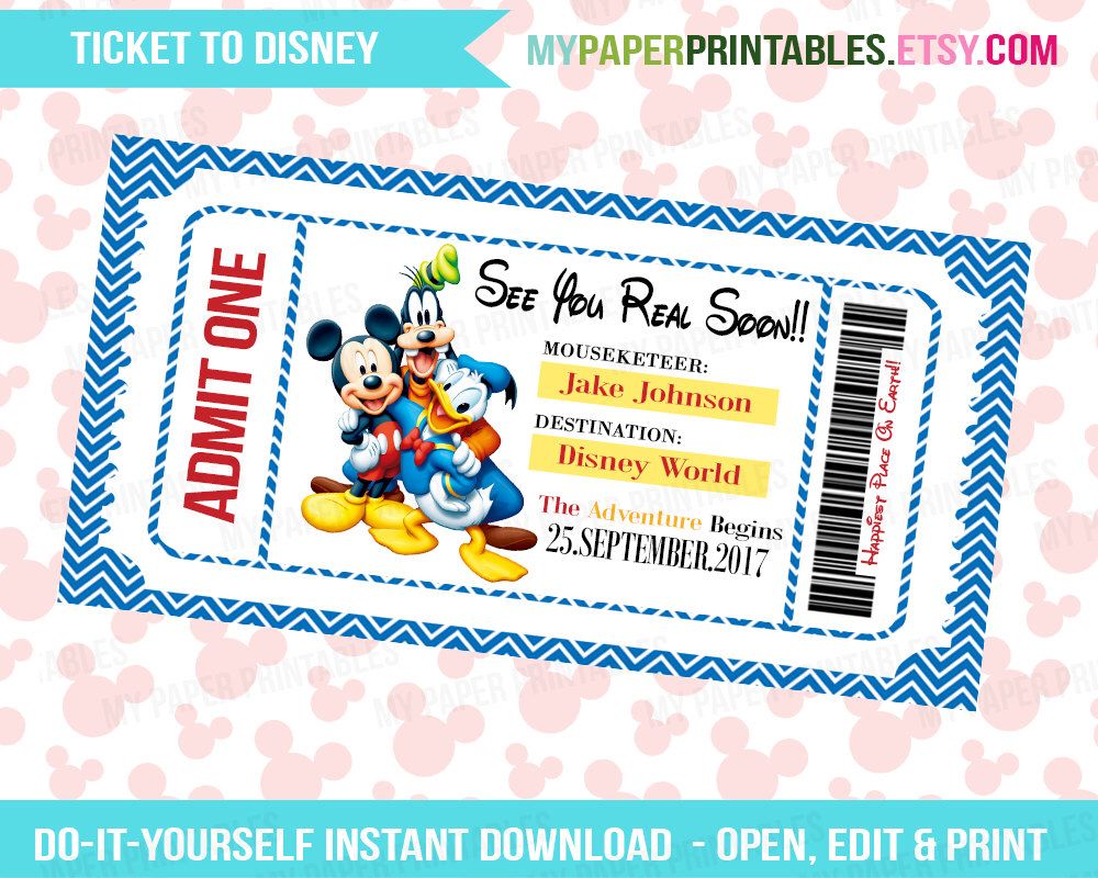 Printable Ticket To Disney Diy Personalize Instant Download Disney World Disneyland Boarding Pass Surprise Mickey M Disney Tickets Disney Printables Disney Diy