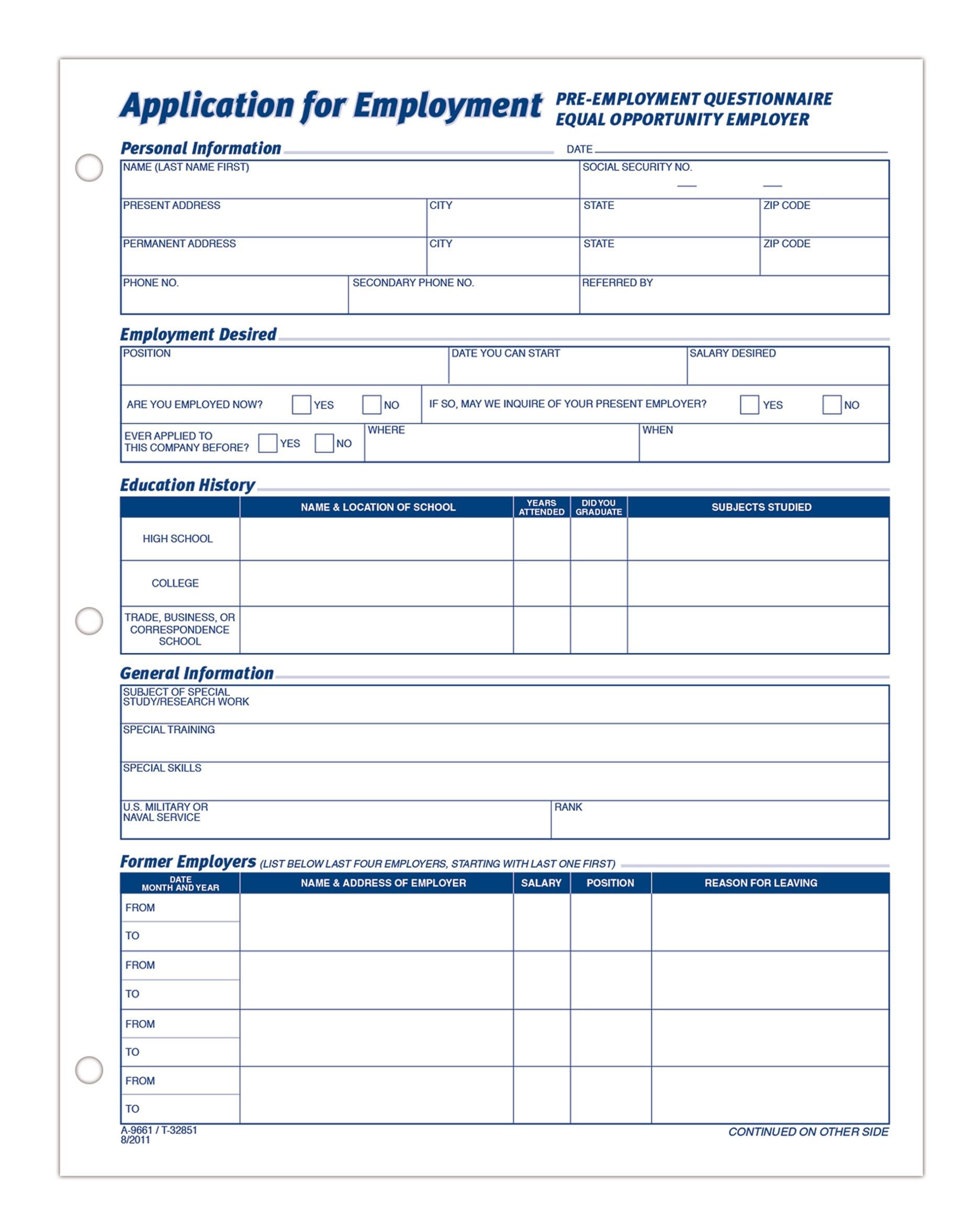 Application For Employment White 2 Sided 50 Sh 2 Pd Pk Employment Application Job Application Template Job Application Form