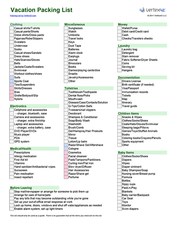 Packing List Template For Vacation Travel Or College Packing List For Vacation Vacation Packing Business Trip Packing List