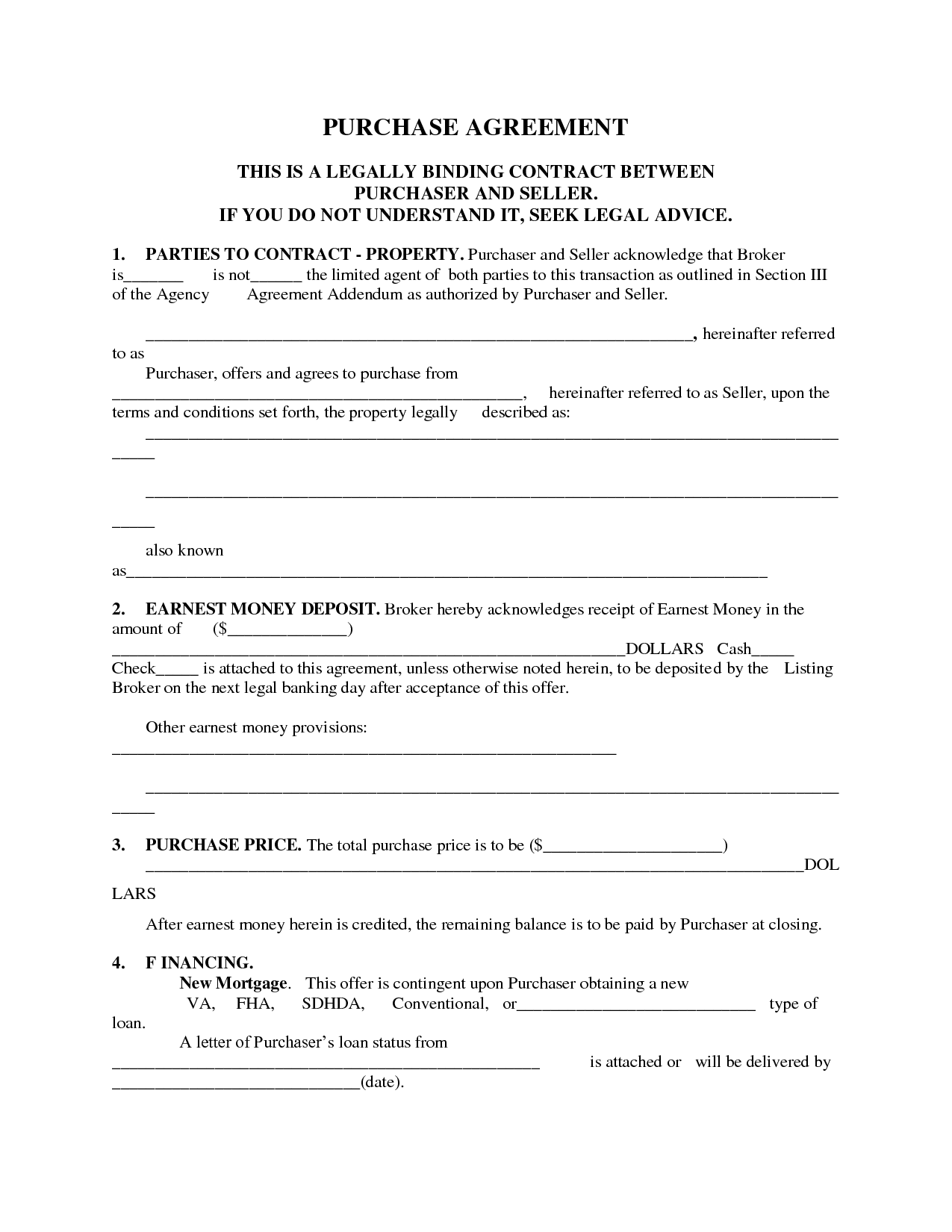 Printable Home Purchase Agreement Free Printable Purchase Agreement Template Purchase Agreement Real Estate Contract Contract Template