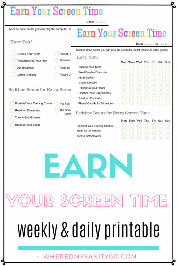 Earn Your Screen Time Free Printable Screen Time For Kids Chore List For Kids Kids Schedule