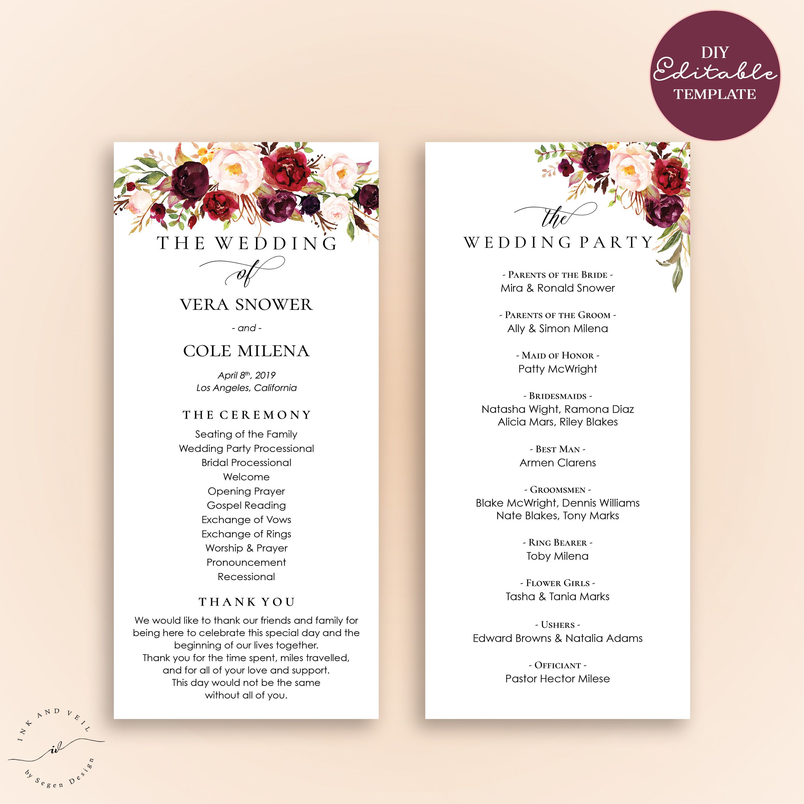 Editable Wedding Program Template Order Of Ceremony Template Etsy Printable Wedding Programs Wedding Programs Template Ceremony Program Template