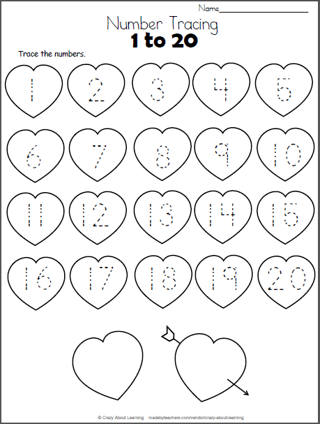 Valentine Hearts Math Worksheet Trace Numbers To 20 Made By Teachers Preschool Valentines Worksheets Math Valentines Valentine Worksheets