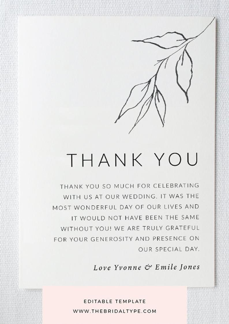 Botanical Thank You Card Template Custom Thank You Greenery Pencil Sketch Minimalist Th Bridesmaid Thank You Wedding Thank You Cards Thank You Card Template