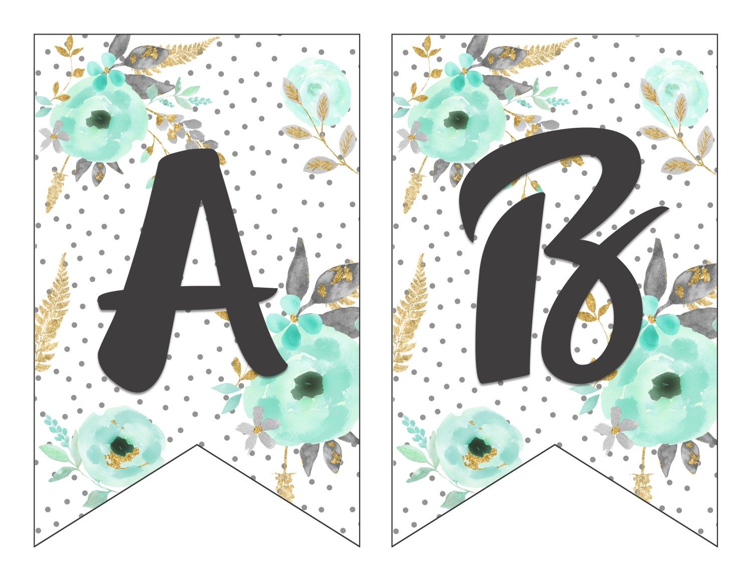 Free Printable Alphabet Banner Mint And Gold Free Printable Letters For Free Printable Banner Letters Printable Banner Letters Birthday Banner Free Printable