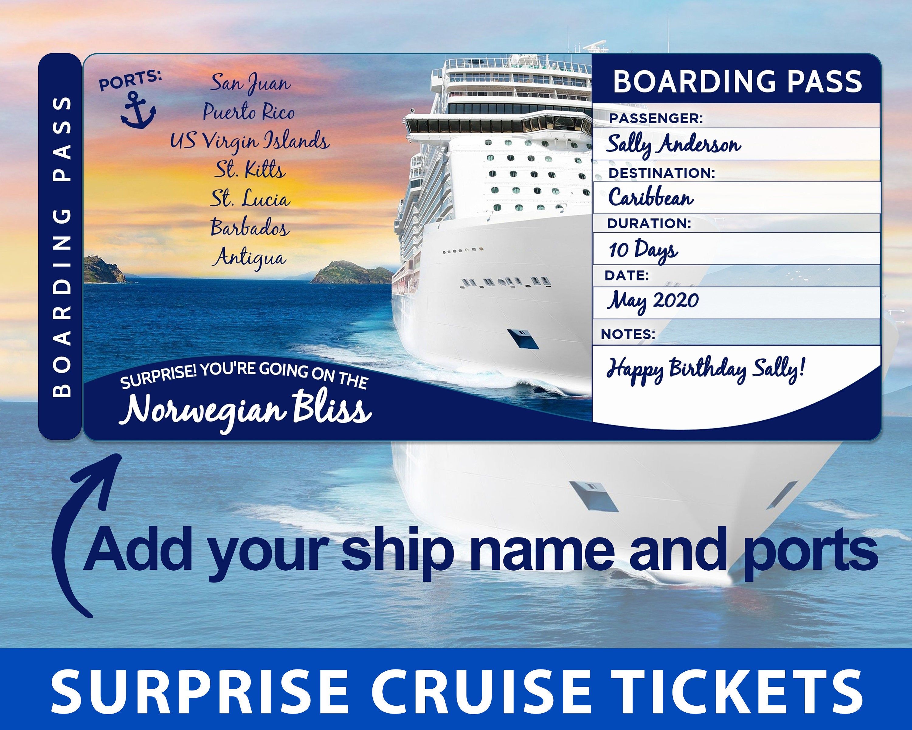Surprise Cruise Boarding Pass Cruise Tickets Template Editable Cruise Ticket Printable Cruise Ticket Add Ship Name Ports Cruise Tickets Ticket Template Surprise