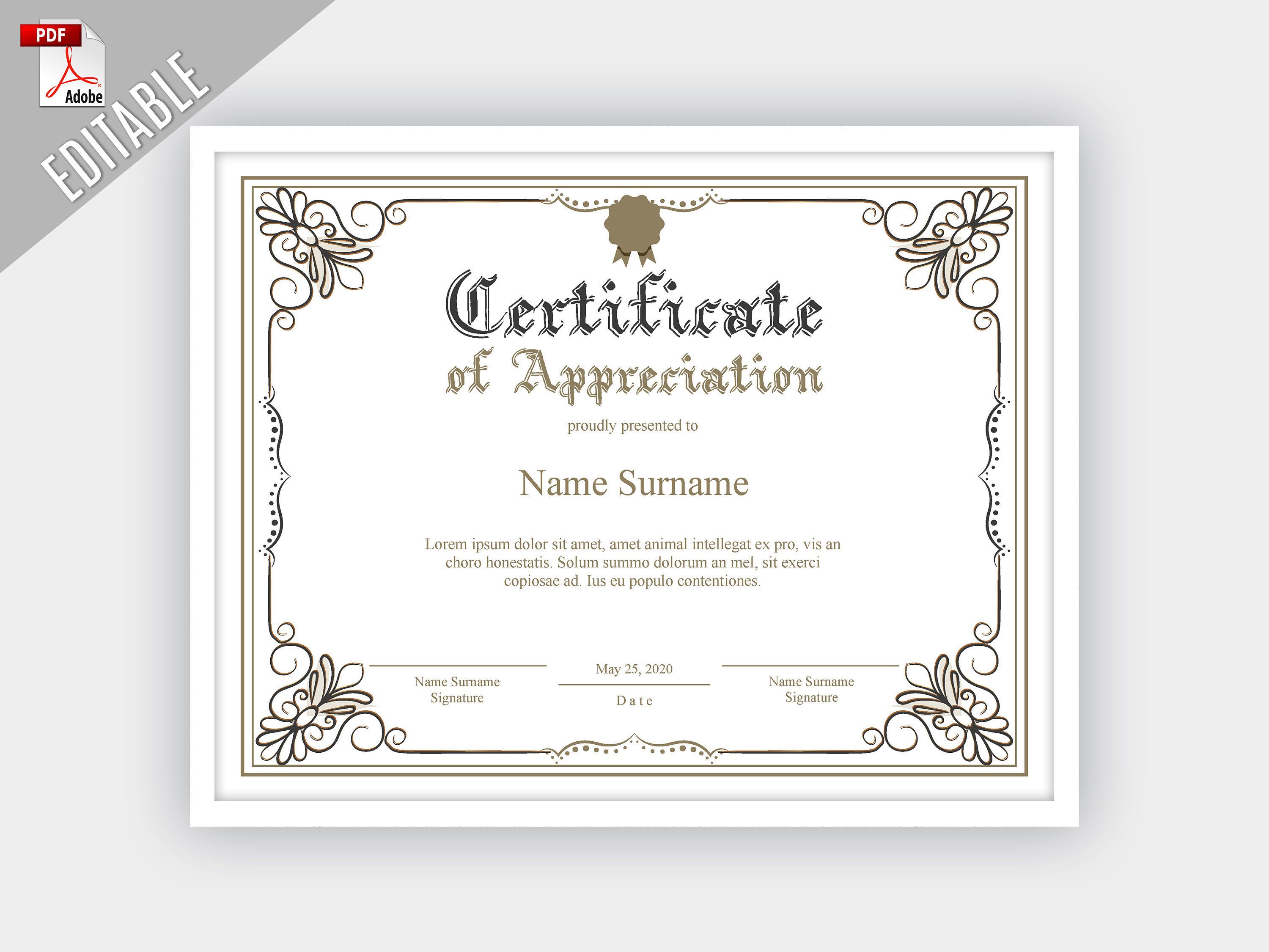 Printable Certificate Of Appreciation Editable Certificate Template Printable Appreciation Certificate Elegant Instant Download Editable Certificates Certificate Of Appreciation Printable Certificates