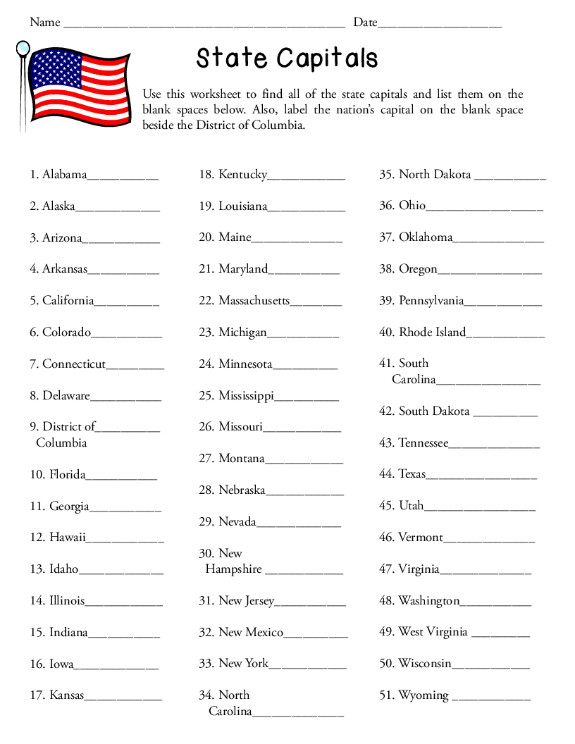 States And Capitals Worksheets States And Capitals State Capitals Worksheet Social Studies Worksheets