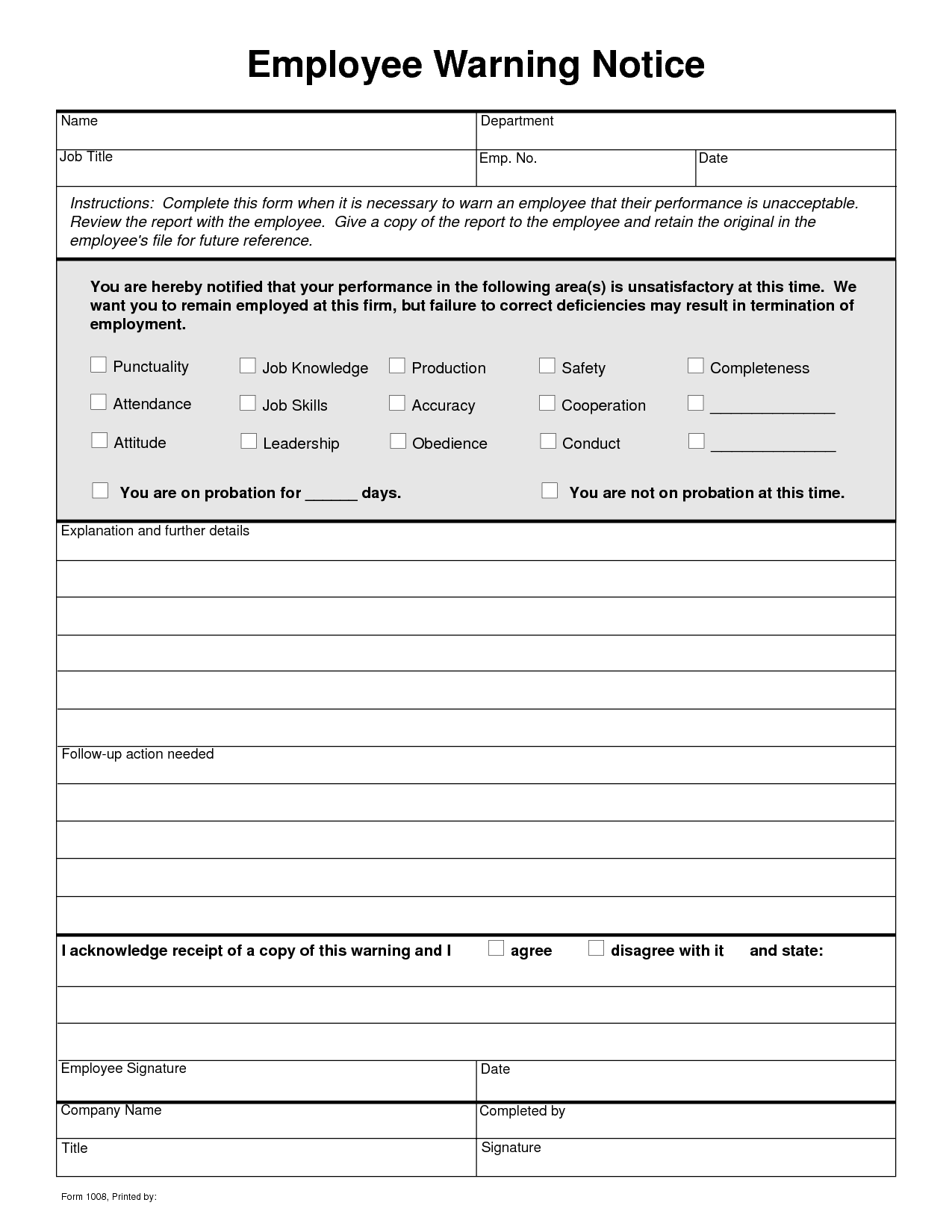 Employee Written Notice Employee Management Employee Evaluation Form Employee Handbook
