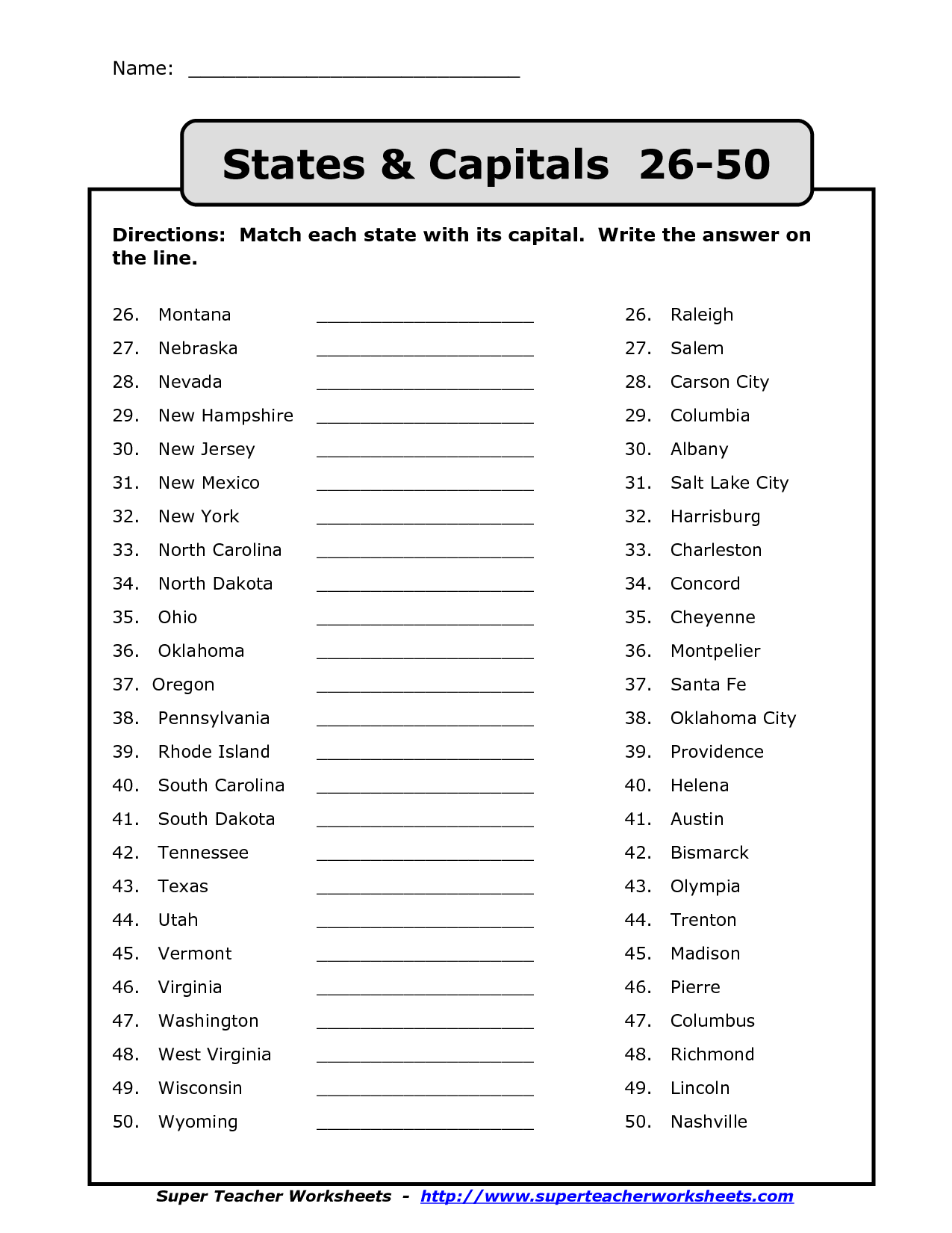 50 States Capitals List Printable States And Capitals State Capitals Worksheet State Capitals Quiz
